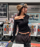 Tees Rib Button Unbalance Shoulder Long Sleeve