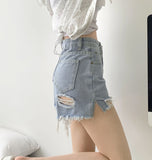 Summer Cutting Side Slit Ripped Denim Shorts
