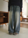 Kame two-way snap button long wide denim pants