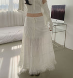 Low Rise Lace Embroidered Tiered Long Frill Skirt