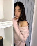 Purple frill halter off-shoulder knit