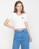 Pink Flower Dot Embroidery Crop Short Sleeve Knit