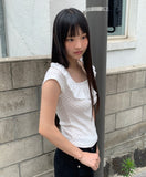Cane Dot Frill Shirring Cap Short Sleeve T-Shirt