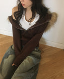 Penk Cable Fur Hood Slim Fit Two-Way Knit Zip-Up