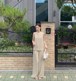 Linen Sleeveless Banding Long Wide Two-Piece Set Vacation Look Summer Outfit