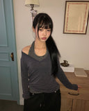 Sheen Layered Shirring V-Neck Long Sleeve T-Shirt
