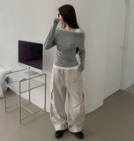 Drape Off-Shoulder Knit Layered Fake Layered T-shirt