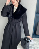 Devel Mink Fur Collar Wool Long Coat (Belt Set)