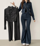 Raw Pocket Two Piece Set-Up Crop Shirt Bootcut Pants Set