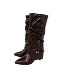 Double Buckle Shirred Stiletto Long Boots