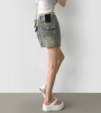 Hip-up Vintage Back Pocket Point Washing H-line Denim Skirt