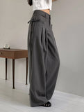 Haron Side Ribbon Strap Pintuck Long Wide Slacks