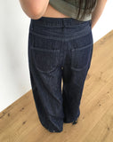 Dad side pin tuck snap button wide long denim pants