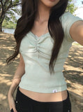 [MADE/more BASIC] Sisson Punching Heart Neck Shirring Cap Sleeve Short Sleeve T-shirt