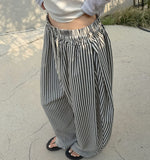 Stripe Loose Fit Folding Wide Banding Seersucker Pants