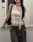 Blurry dot see-through hole short sleeve scarf set