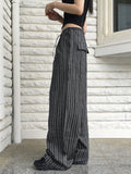 Lafec Stripe Color Matching String Long Wide Pants