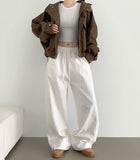 Two-Way Hem Snap Banding Diagonal Cut Wide Fit Cotton Pants