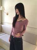 Jitel Vintage Stripe Deep U Neck Long Sleeve T-Shirt
