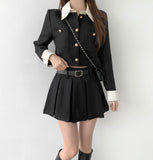 Tweed Two-Piece Crop Jacket Belt Mini Skirt Pants Set