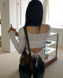 [MADE] Tiers Ribbon Strap Back Slit Square Neck Long Sleeve T-shirt