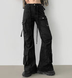 Waist Strap Low Waist Pocket Shirring Pin Tuck Wide Bootcut Pants
