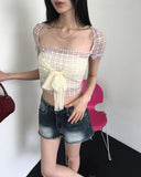 Botte Lace Ribbon Back Slit Checkered Mesh Short Sleeve T-shirt
