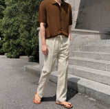 Linen semi-wide banding pants