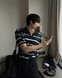 V-in stripe button collar short sleeve knit