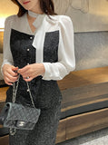 Benilla Color Matching Tweed Tie Blouse