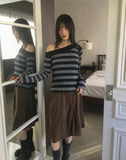 [Brushed Lining] Knockin Stripe One Shoulder Unbalanced Knit T-shirt