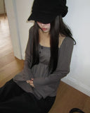 GL Flower Button Shirred Square Long Sleeve T-shirt