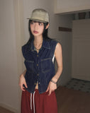 Tapi pocket snap button cap sleeve short sleeve denim shirt