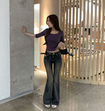 Vintage Washing Patch Embroidery Slim Fit Bootcut Low Denim Pants
