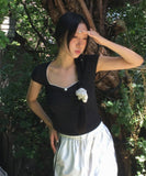 Dohwa Dot Rose Lace Crop Short Sleeve T-shirt
