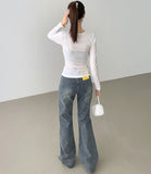 Span Relaxed Loose Long Bootcut Banding Denim Pants