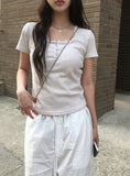Shudi Stripe Lace Square Neck Short Sleeve T-Shirt