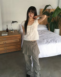 Shua lace punching ribbon puff blouse