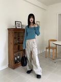 Nuel square neck thong slit long sleeve T-shirt