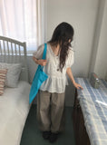 Munil Stripe V-Neck Half Button Blouse