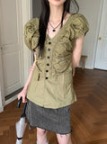 Blon V-Neck Shirring Pleated Puff Short Sleeve Blouse