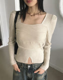 Coil chiffon layered square neck slit ribbed knit