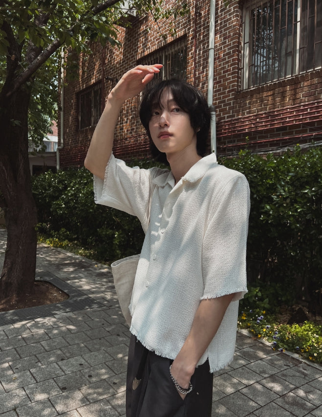 ポロシャツ HUECLOSET Dekki cropped tweed half shirt 2plan (ツープラン) - ダメージクロップツイードハーフシャツ