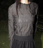 Kakon Damage Interseasonal Shirring Round Long Sleeve T-Shirt