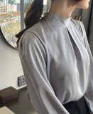 Huberin Satin Pintuck Ribbon Tie Blouse