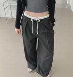 Color Matching Banding Side Zipper Pintuck Wide Slacks Pants
