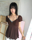 Kiaco Heart Neck Puff Ribbon Punching Short Sleeve Blouse