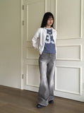 Watone Back Cut Washing Gray Long Wide Denim Pants