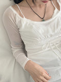 Petitron see-through ribbon strap long sleeve blouse