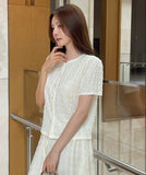 Ser Embossed Round Pearl Puff Blouse